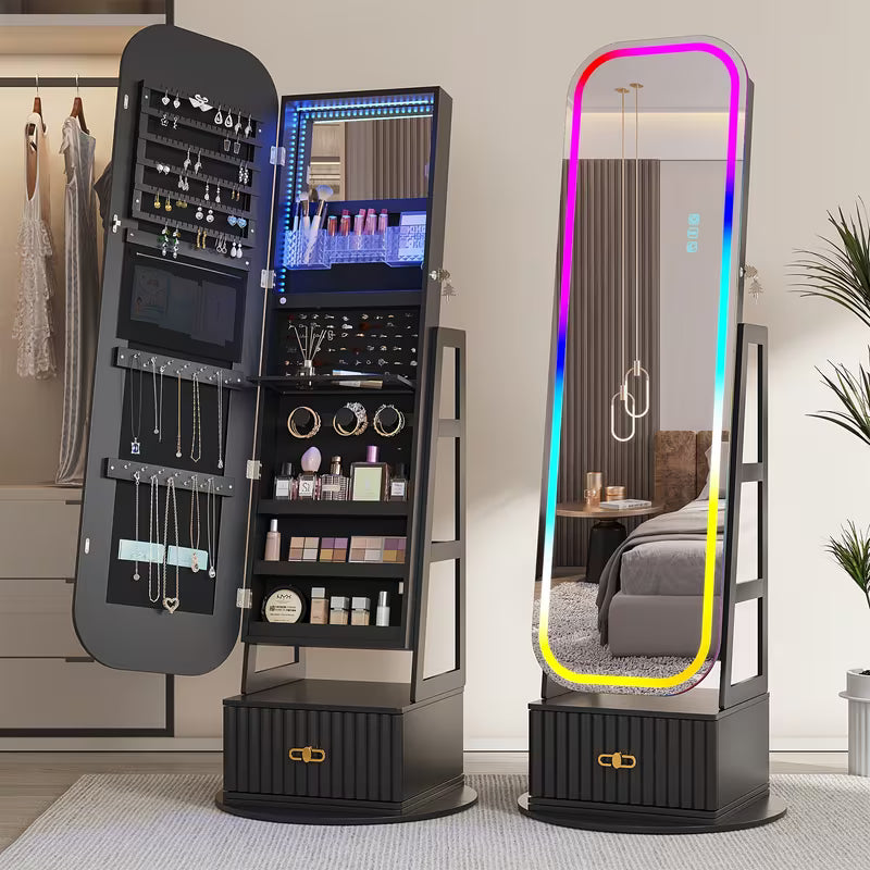 D Armadio Gioielli 360° Vintage con Specchio e Luci LED