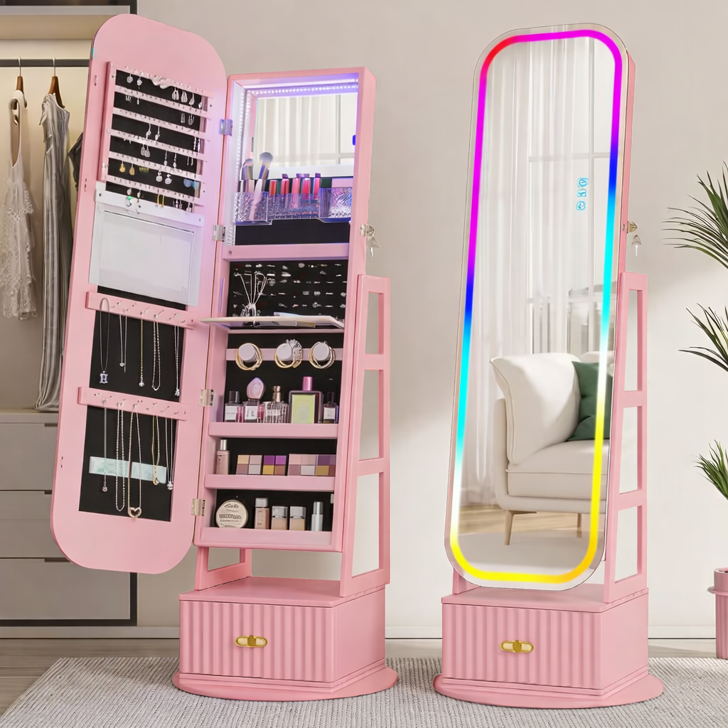 D Armadio Gioielli 360° Vintage con Specchio e Luci LED